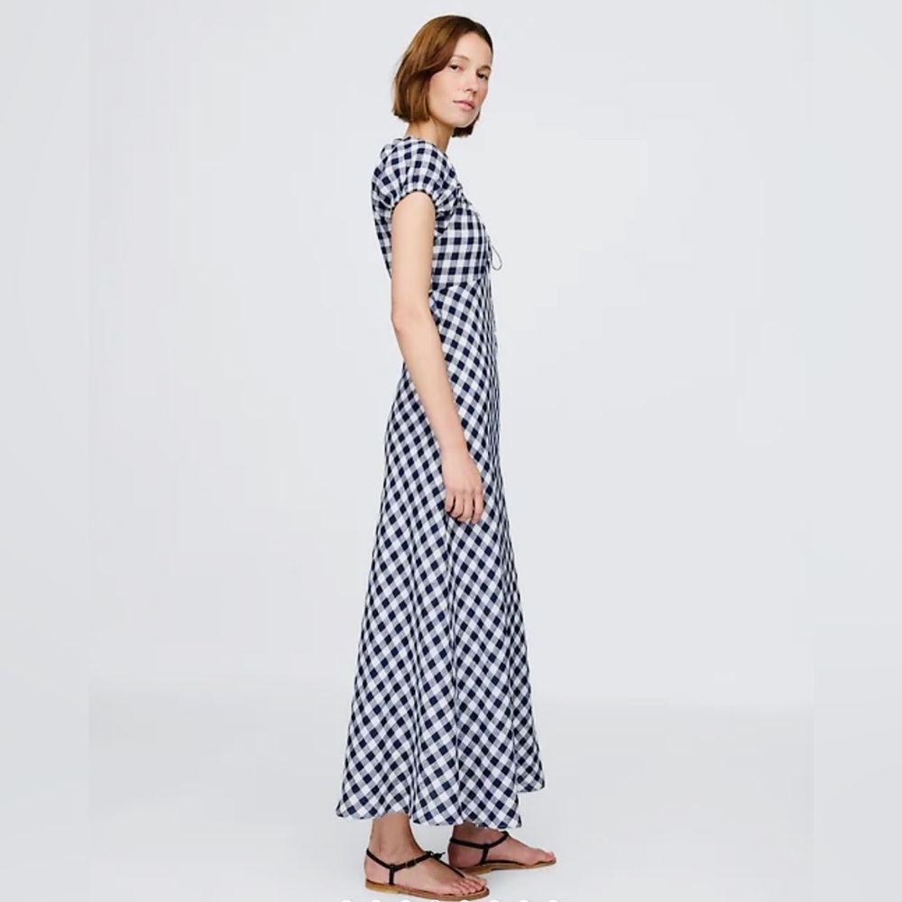 Gap × DÔEN 100% Linen Navy Gingham Midi Dress